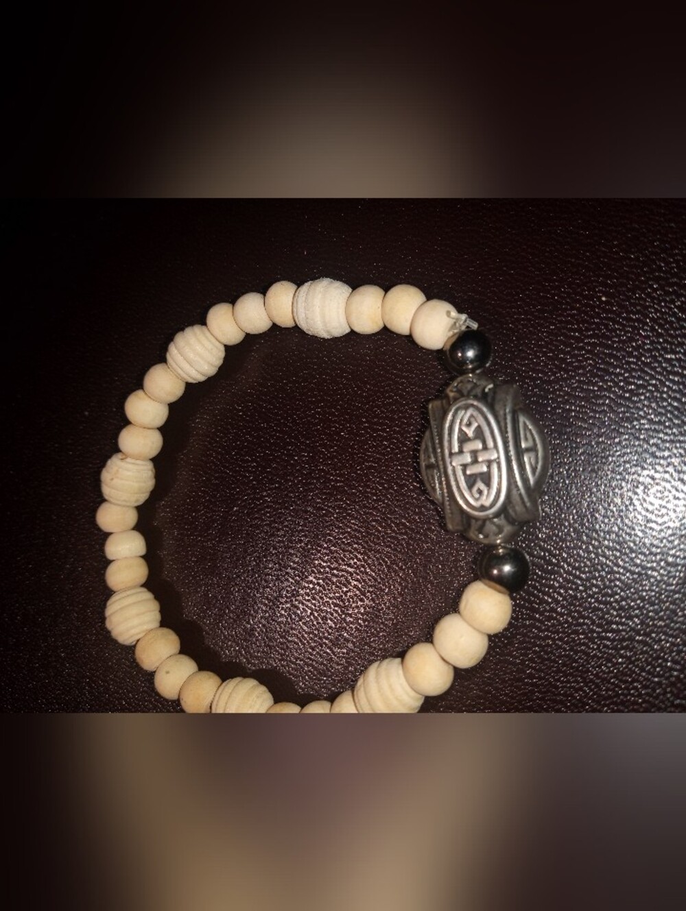 Natural Wood Bead Bracelet with Silver Accent